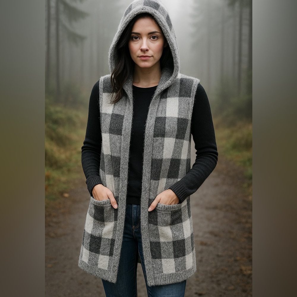 Cyrus Fuzzy Gray Black and White Plaid Open Cardigan Size S Hooded w/ Pockets